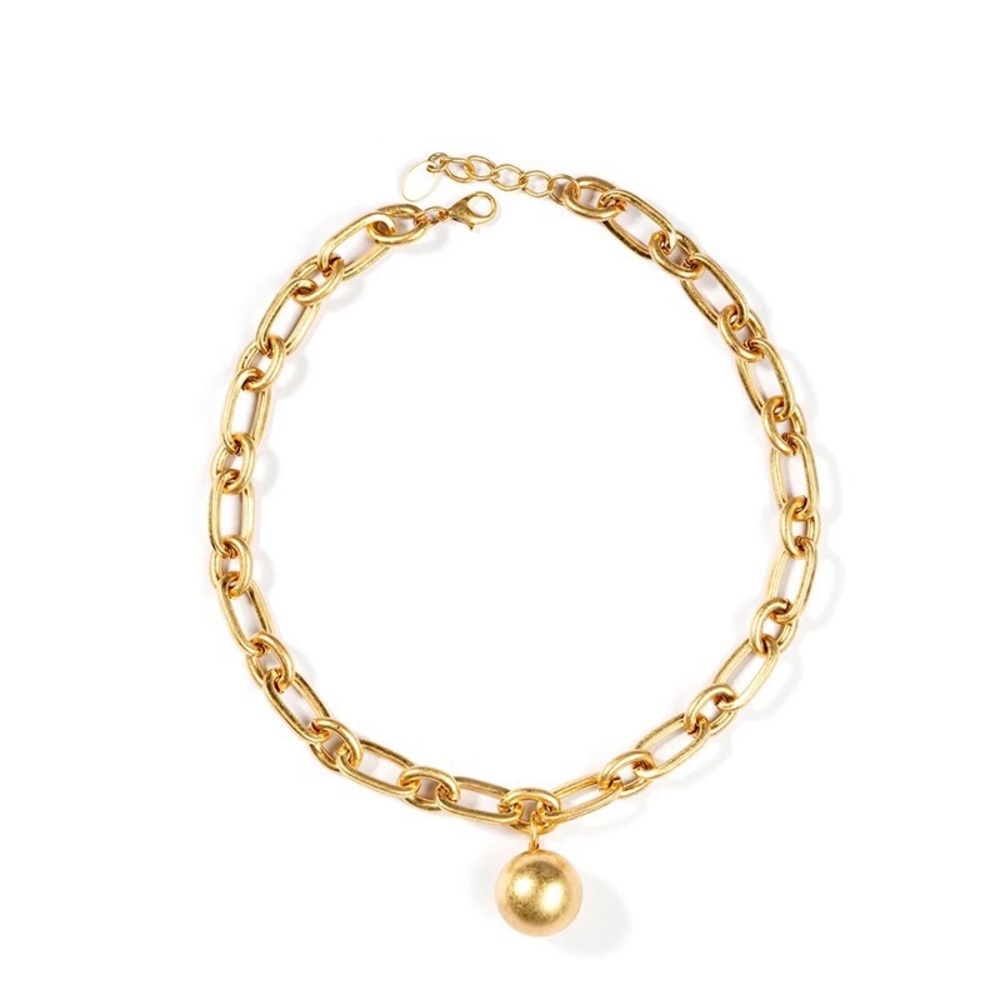 Zara Textured Frayed Gold Ball Chain Pendant Oval Circle Link Necklace Metal